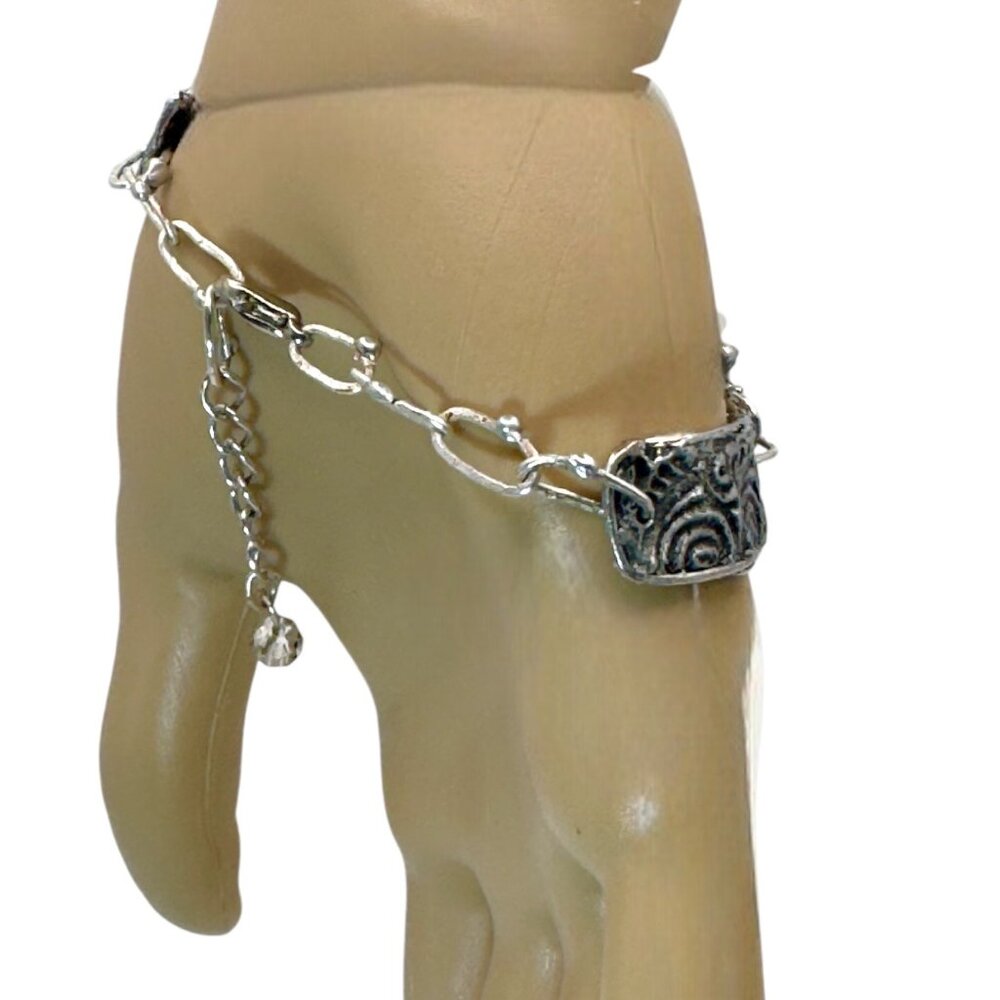 Amethyst Bracelet - Chunky Crystal Intricate Silver Links Adjustable 8" - Picture 11 of 17